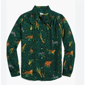 J. Crew Sheer Animals Drapey Bow Tie Jungle Safari Cat Blouse Top Green Medium